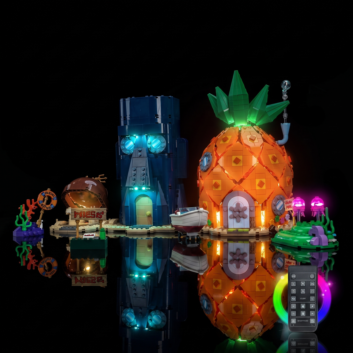 installed and glowing: Bright My Bricks LED lighting kit for LEGO® Icons SpongeBob SquarePants: Bikini Bottom #11386