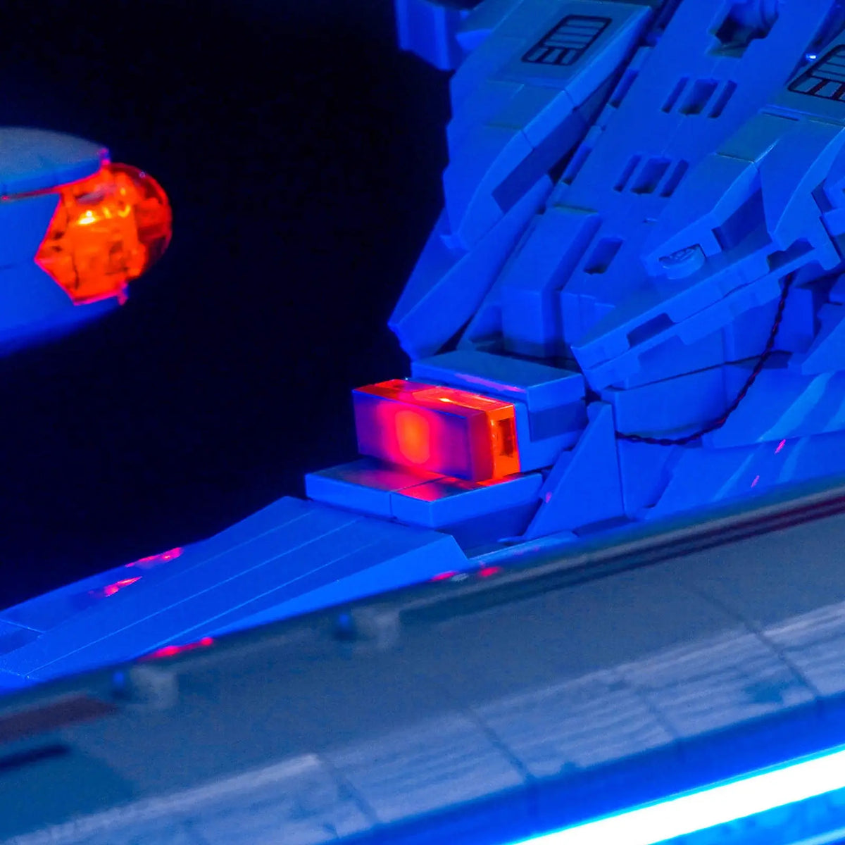 side angle with lights on: Bright My Bricks display light kit for LEGO® Icons Star Trek: U.S.S. Enterprise NCC-1701-D #10356