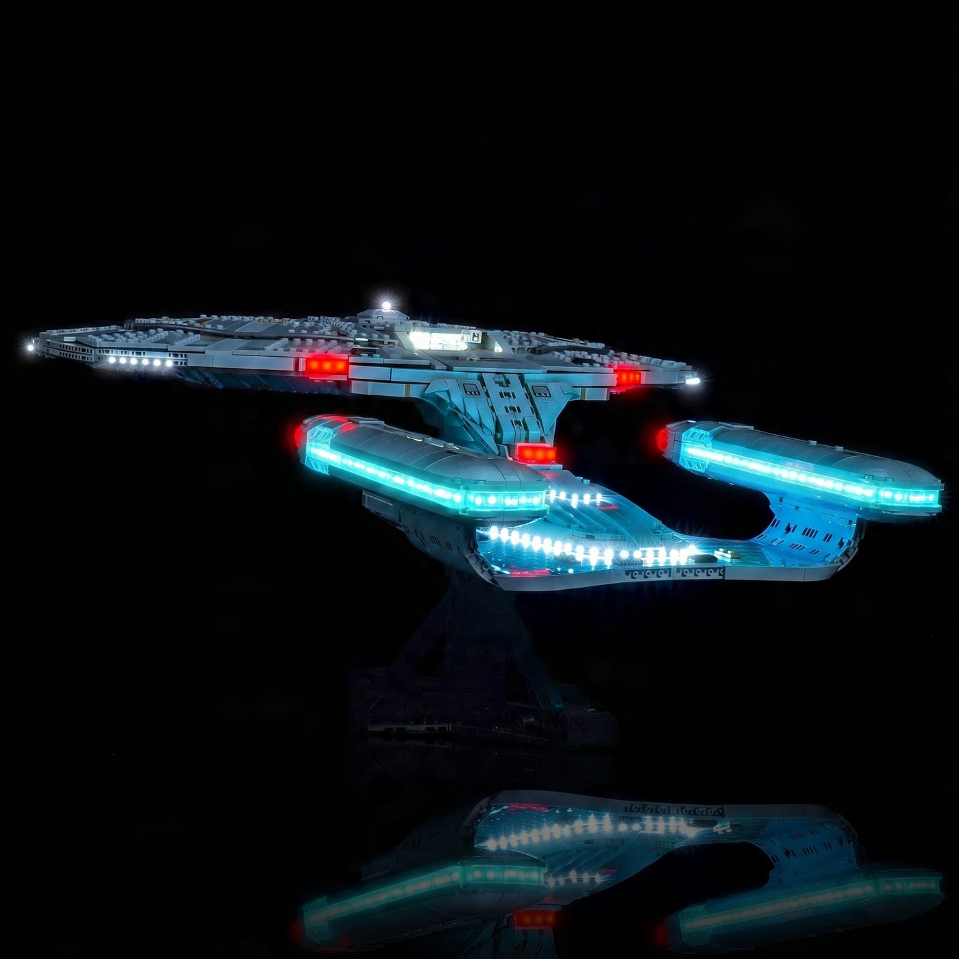 LEGO® Icons Star Trek U.S.S. Enterprise NCC-1701-D #10356 lighting effect on the build, with the premium LED light kit