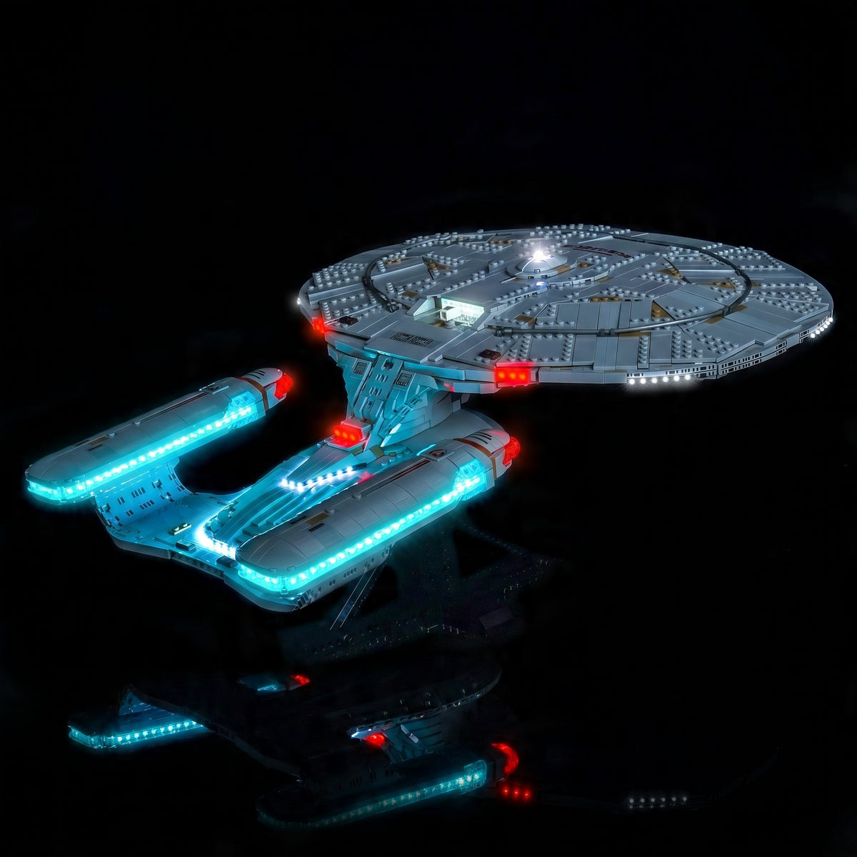LEGO® Icons Star Trek U.S.S. Enterprise NCC-1701-D #10356 front view fully lit, with the custom LED lighting