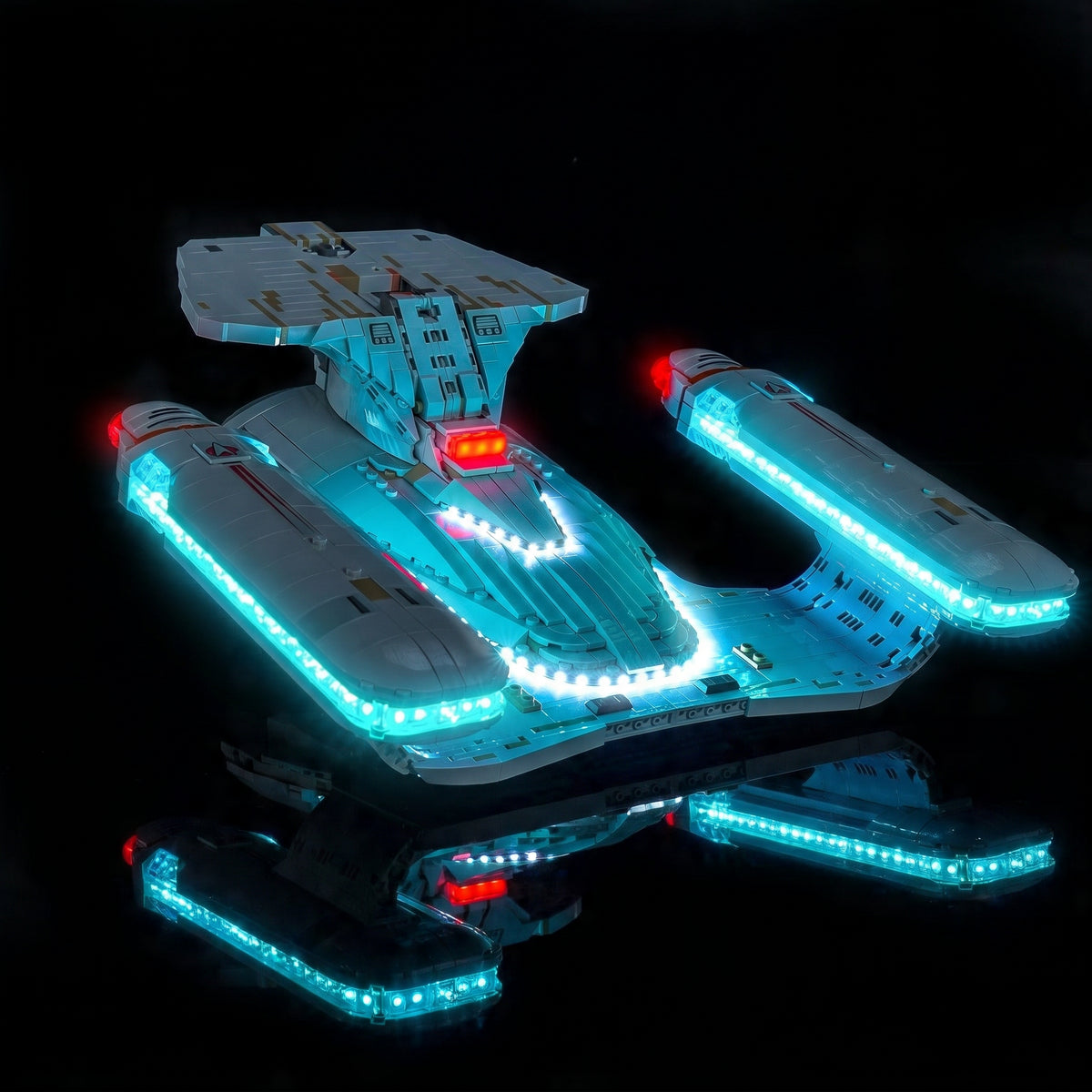 installed and glowing: Bright My Bricks LED light kit for LEGO® Icons Star Trek U.S.S. Enterprise NCC-1701-D #10356