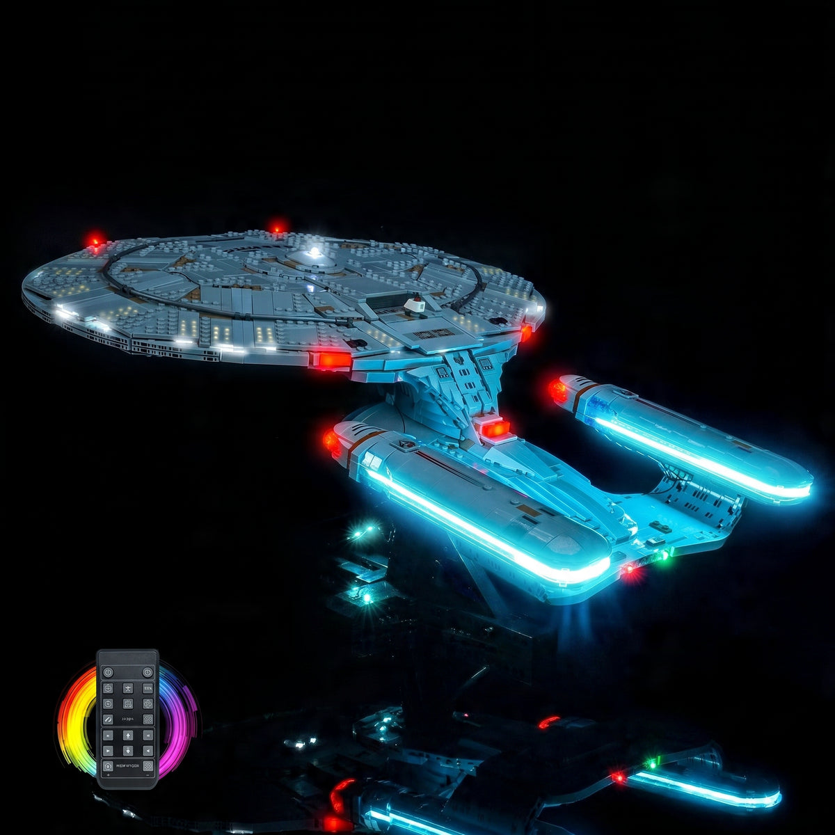 LEGO® Icons Star Trek U.S.S. Enterprise NCC-1701-D #10356 lighting effect on the build, with the RGB LED light kit