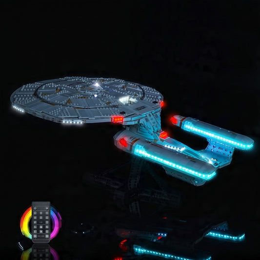 LEGO® Icons Star Trek U.S.S. Enterprise NCC-1701-D #10356 — front view fully lit (USB-powered LED light kit)