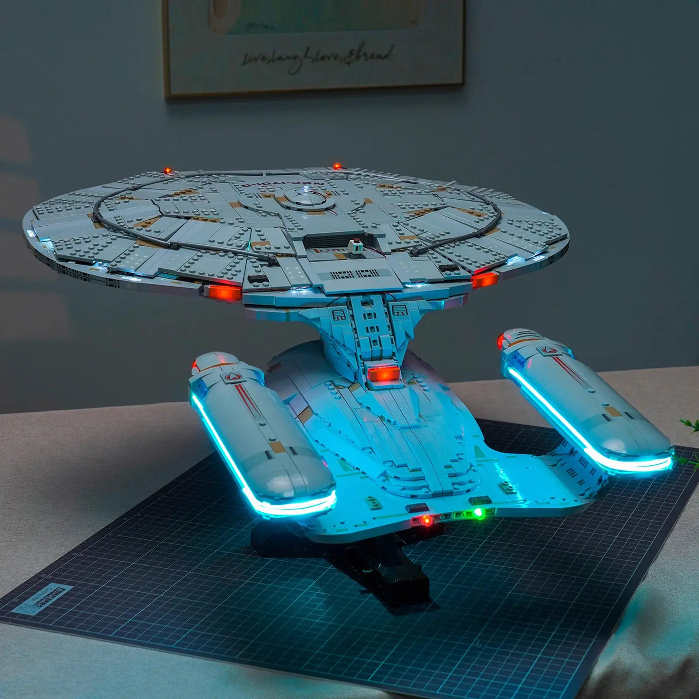 LEGO® Icons Star Trek U.S.S. Enterprise NCC-1701-D #10356 warm LED glow detail, with the LED light kit