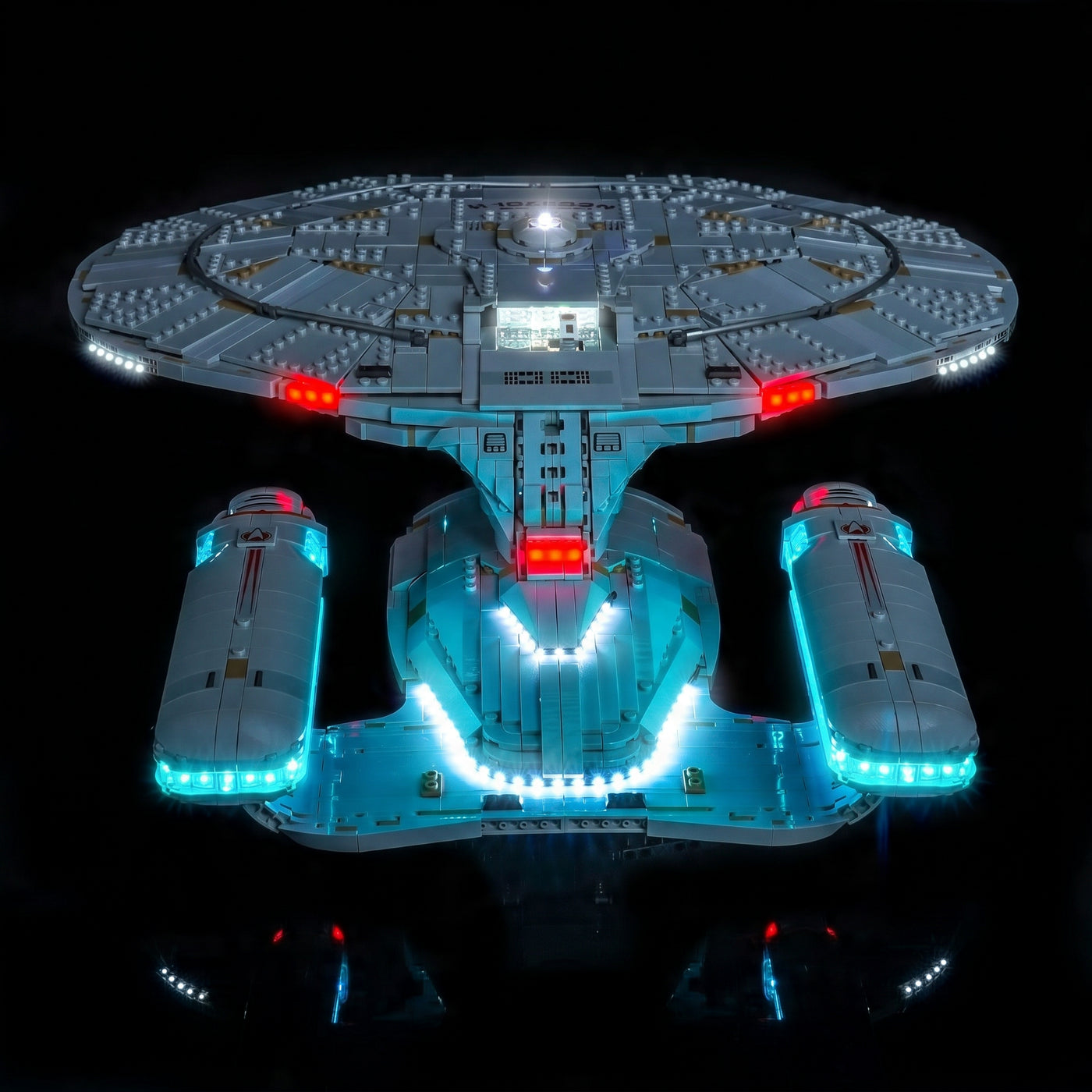 LEGO® Icons Star Trek U.S.S. Enterprise NCC-1701-D #10356 brightened interior detail, with the DIY LED light kit