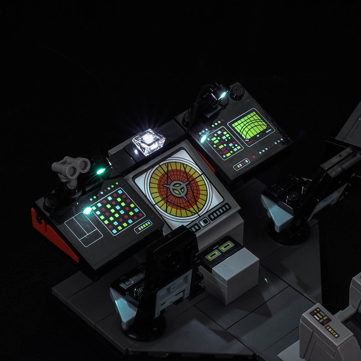 close-up of a lit console: Bright My Bricks LED lighting kit for LEGO® Icons Star Trek: U.S.S. Enterprise NCC-1701 Bridge #11385
