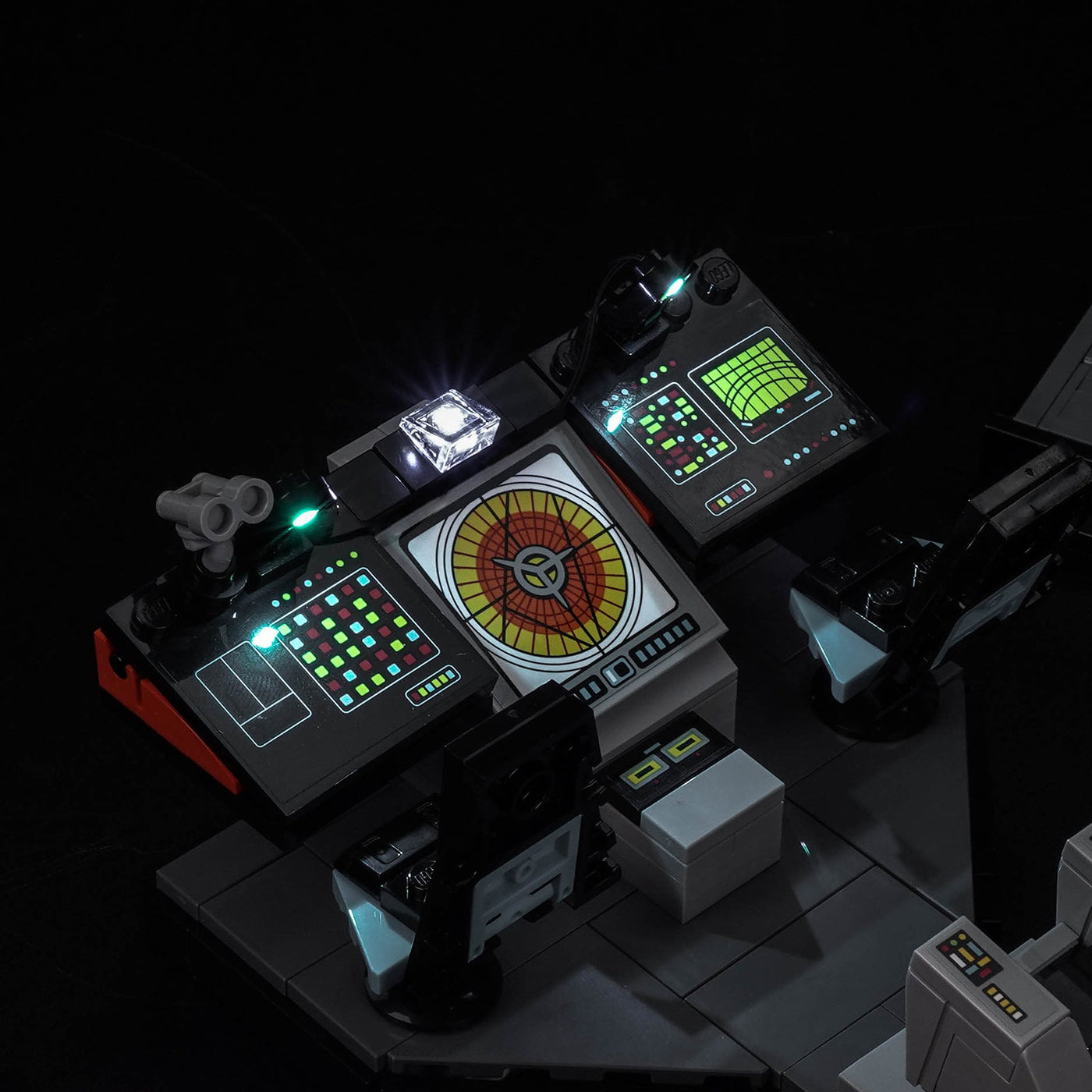 close-up of a lit console: Bright My Bricks LED lighting kit for LEGO® Icons Star Trek: U.S.S. Enterprise NCC-1701 Bridge #11385