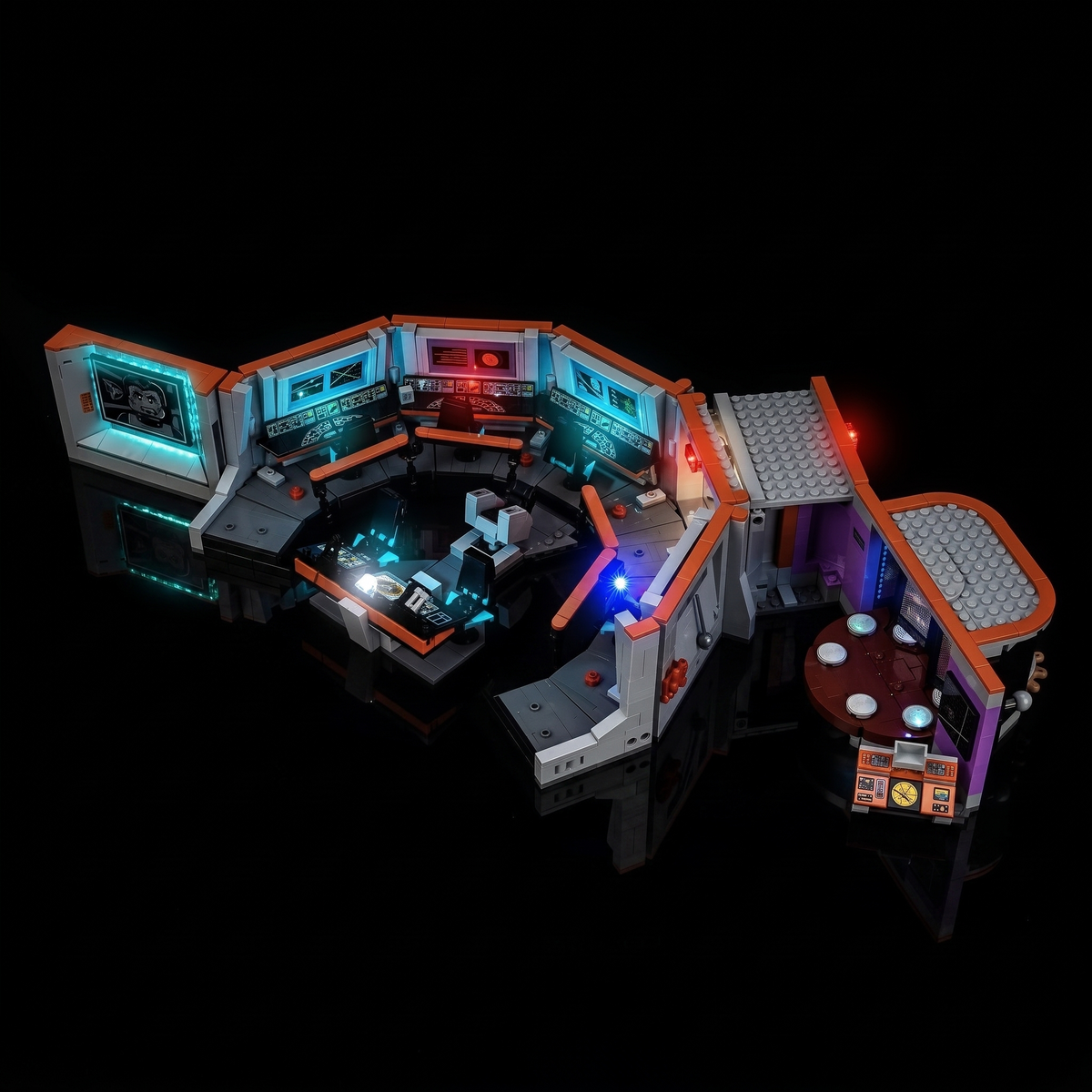 LEGO® Icons Star Trek: U.S.S. Enterprise NCC-1701 Bridge #11385 seen from above, every screen on, with the USB-powered LED light kit