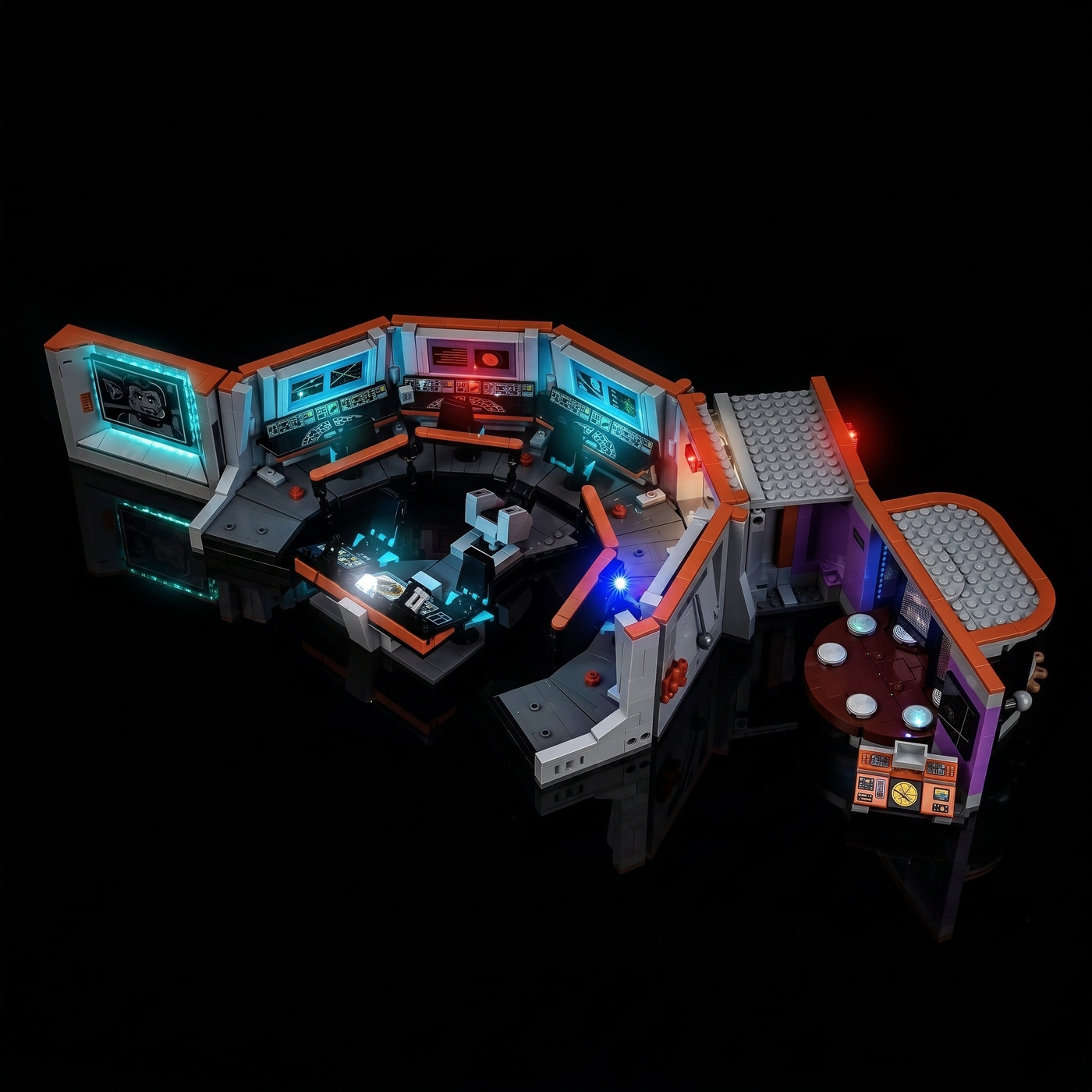 LEGO® Icons Star Trek: U.S.S. Enterprise NCC-1701 Bridge #11385 seen from above, every screen on, with the USB-powered LED light kit