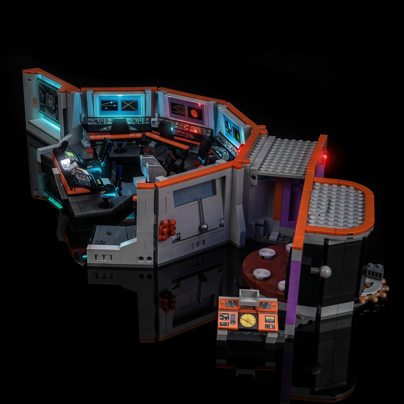 installed and glowing: Bright My Bricks LED lighting kit for LEGO® Icons Star Trek: U.S.S. Enterprise NCC-1701 Bridge #11385