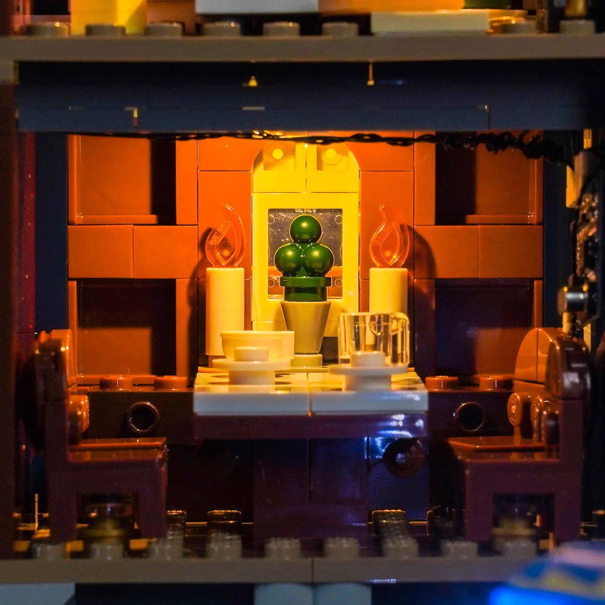 LEGO® Icons Stranger Things: The Creel House #11370 before-and-after lighting, with the light kit