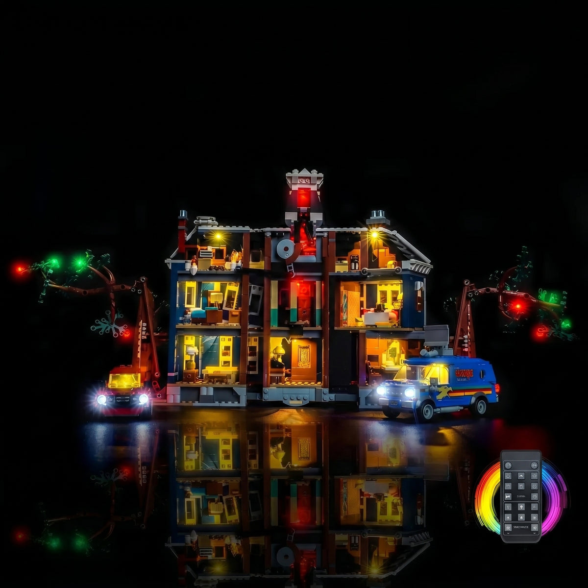 fully illuminated on display: Bright My Bricks DIY LED light kit for LEGO® Icons Stranger Things: The Creel House #11370