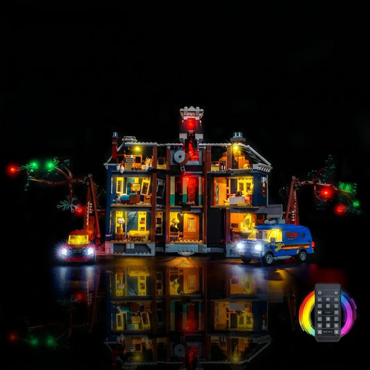 fully illuminated on display: Bright My Bricks DIY LED light kit for LEGO® Icons Stranger Things: The Creel House #11370