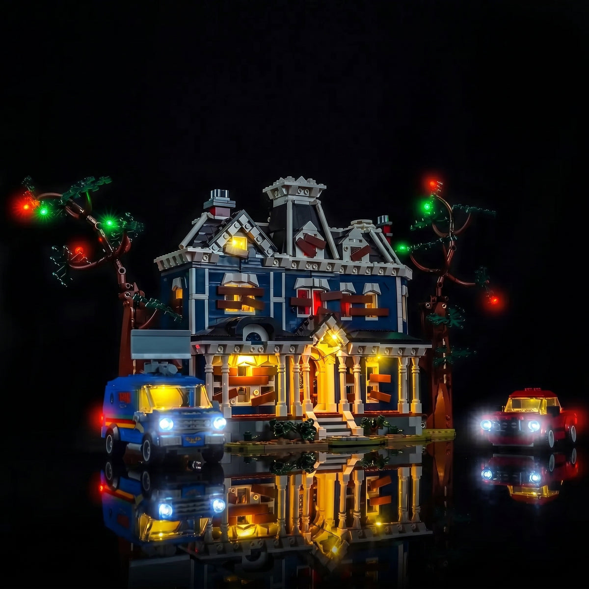 LEGO® Icons Stranger Things: The Creel House #11370 front view fully lit, with the LED light kit