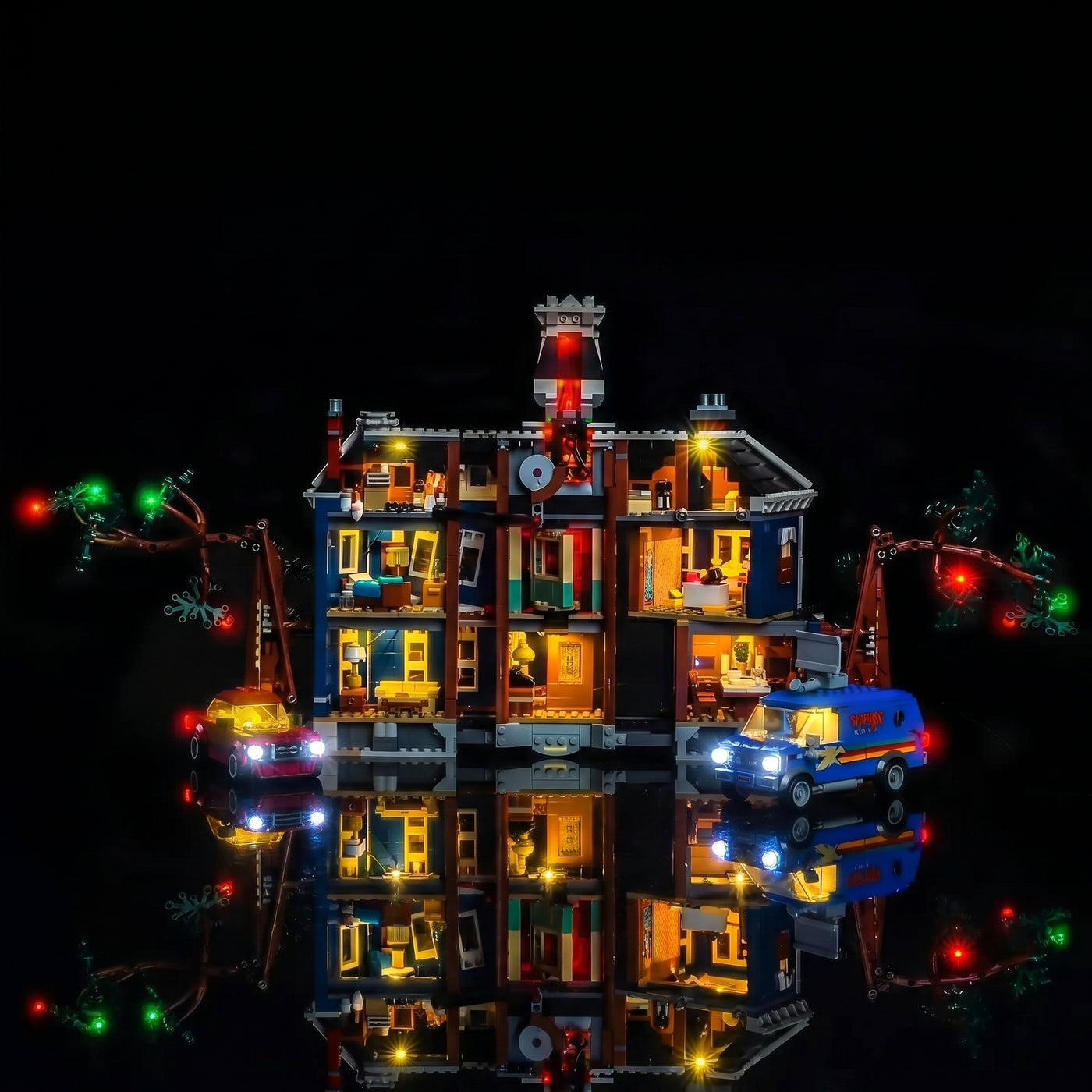 LEGO® Icons Stranger Things: The Creel House #11370 brightened interior detail, with the LED lighting kit