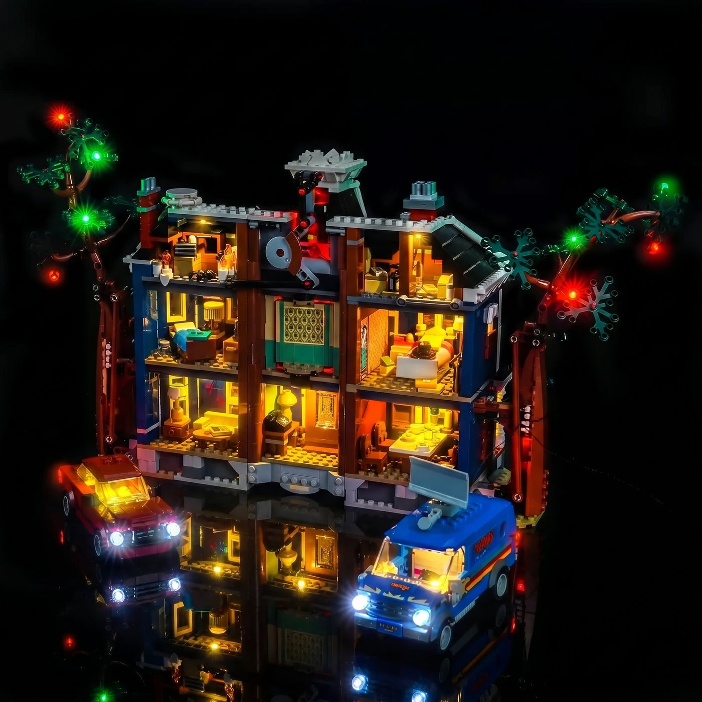 LEGO® Icons Stranger Things: The Creel House #11370 LED strips and bricks detail, with the display light kit