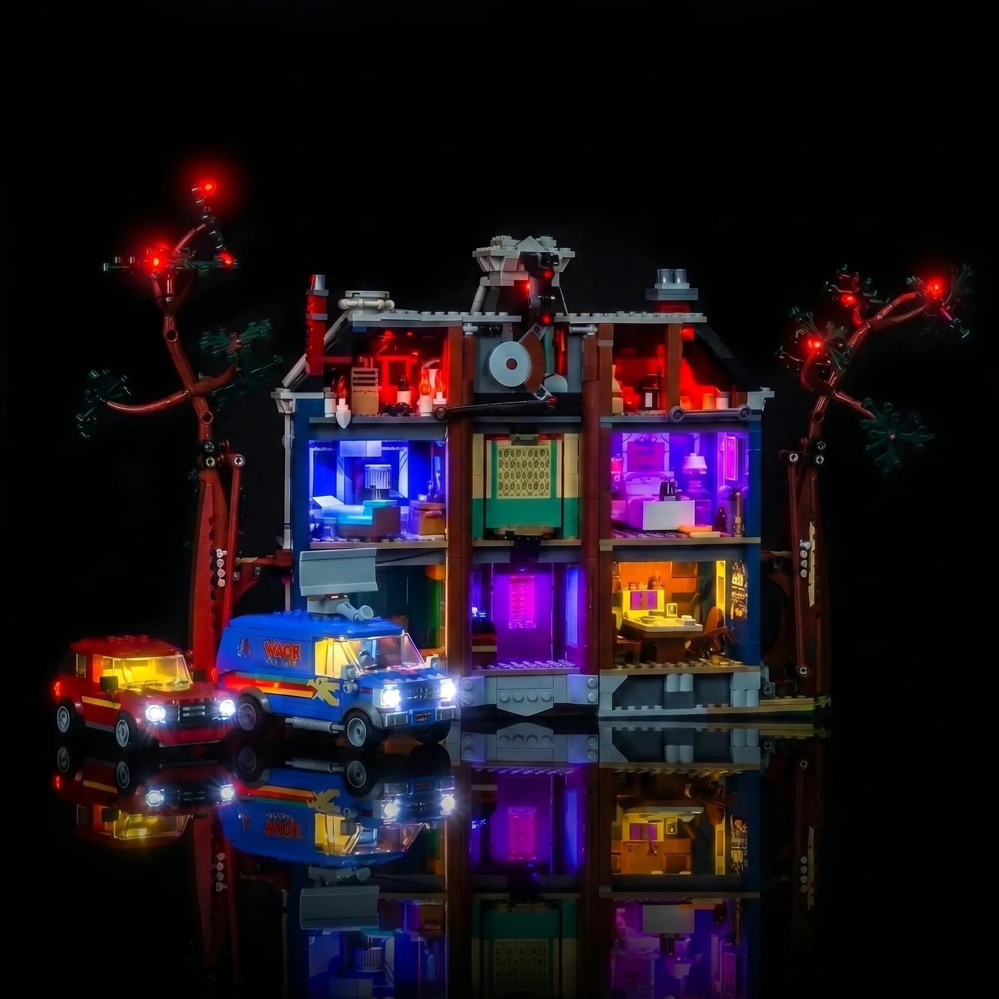 LEGO® Icons Stranger Things: The Creel House #11370 before-and-after lighting, with the light kit