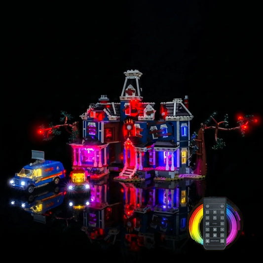 fully illuminated on display: Bright My Bricks DIY LED light kit for LEGO® Icons Stranger Things: The Creel House #11370