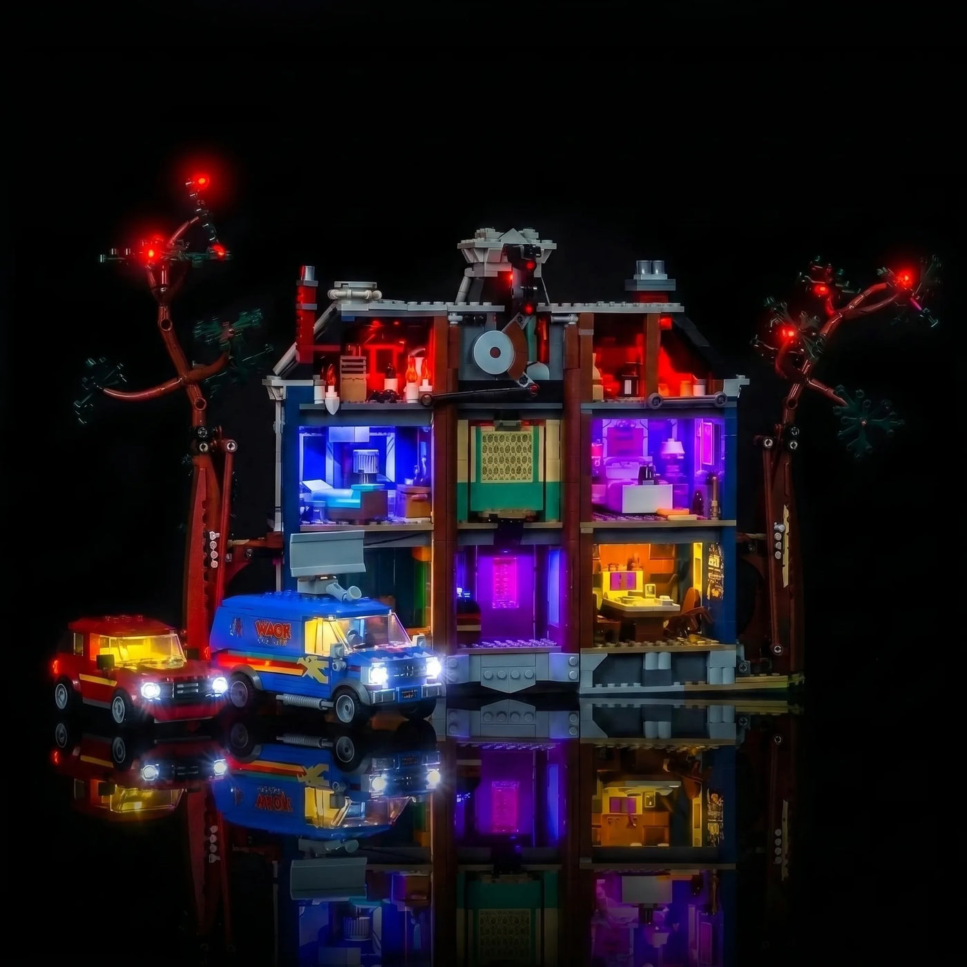 LEGO® Icons Stranger Things: The Creel House #11370 front view fully lit, with the LED light kit