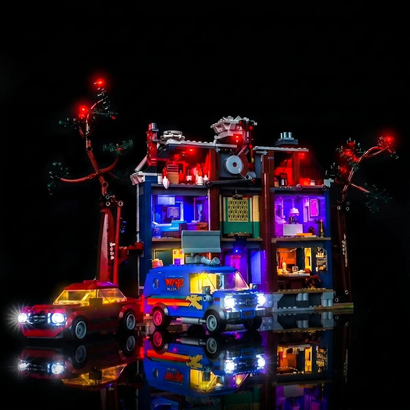 LEGO® Icons Stranger Things: The Creel House #11370 brightened interior detail, with the LED lighting kit