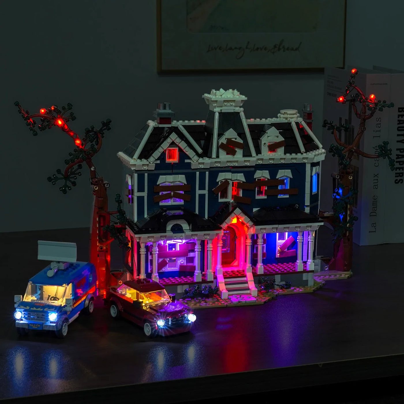 LEGO® Icons Stranger Things: The Creel House #11370 LED strips and bricks detail, with the display light kit