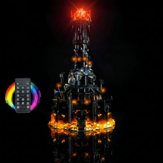 LEGO® Icons The Lord of the Rings: Barad-dûr #10333 illuminated at night, with the LED lights