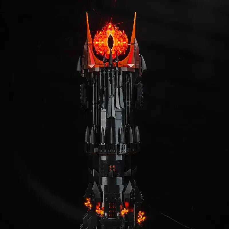 USB-powered LED light kit for LEGO® Icons The Lord of the Rings: Barad-dûr #10333, side angle with lights on