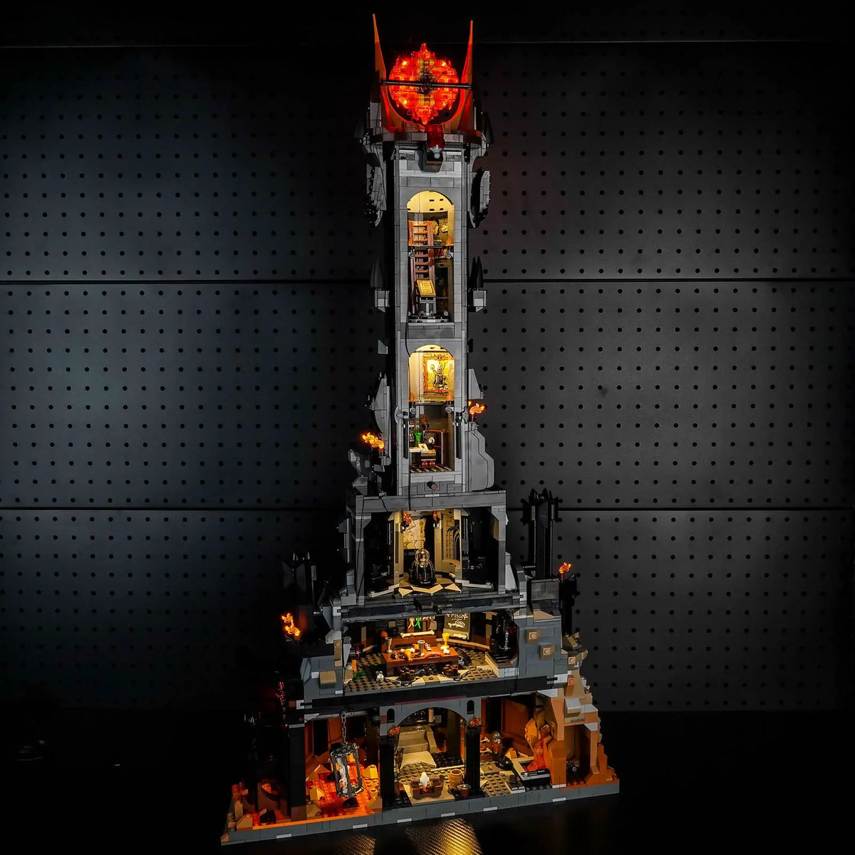 LEGO® Icons The Lord of the Rings: Barad-dûr #10333 installed and glowing, with the LED light kit