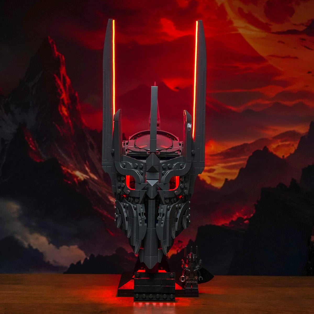 LEGO® Icons The Lord of the Rings: Sauron's Helmet #11373 — fully illuminated on display (DIY LED light kit)