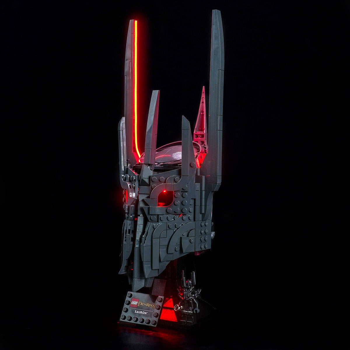 LEGO® Icons The Lord of the Rings: Sauron's Helmet #11373 installed and glowing, with the display light kit