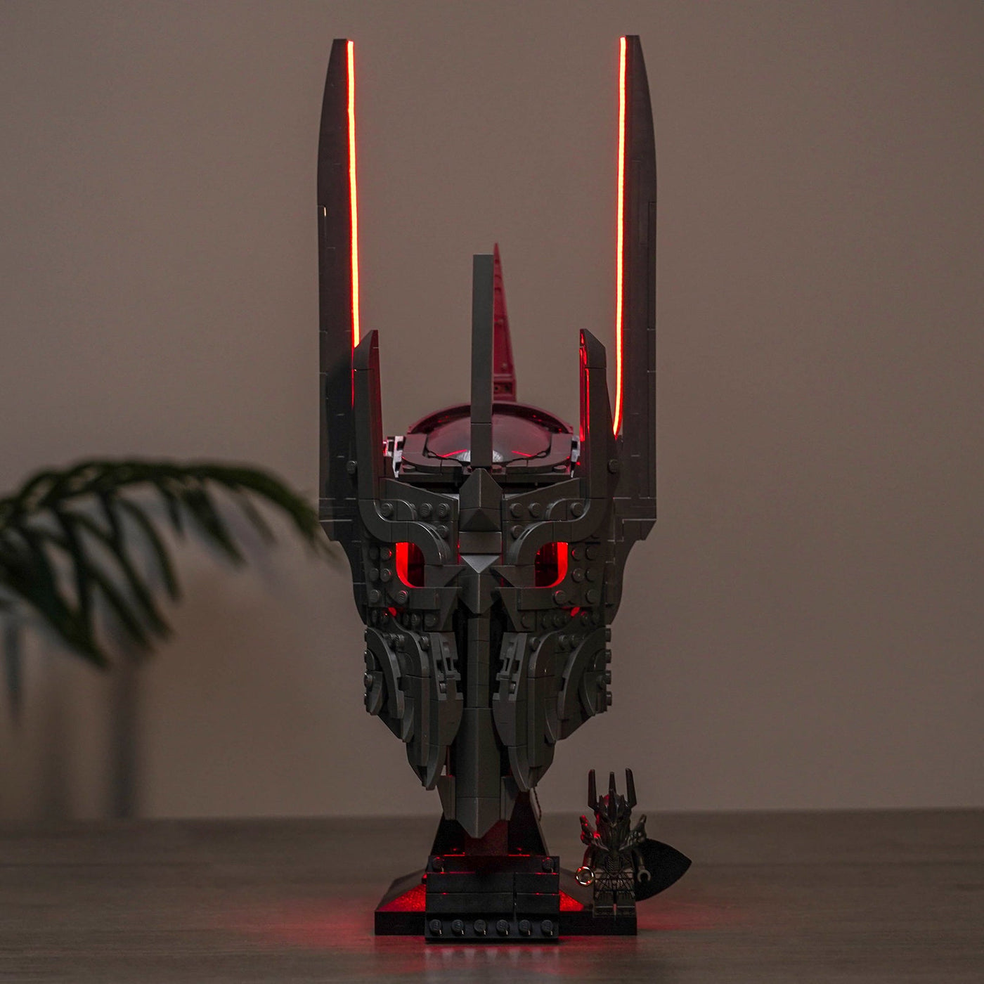 Bright My Bricks custom LED lighting for LEGO® Icons The Lord of the Rings: Sauron's Helmet #11373 — illuminated at night