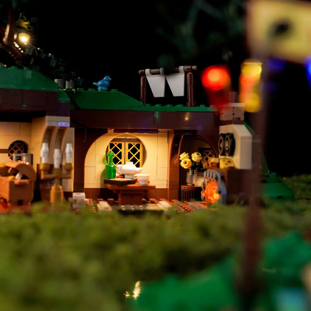 Bright My Bricks display light kit for LEGO® Icons The Lord of the Rings: The Shire #10354 — illuminated at night