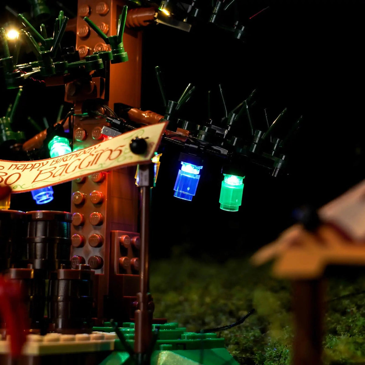 RGB LED light kit for LEGO® Icons The Lord of the Rings: The Shire #10354, side angle with lights on