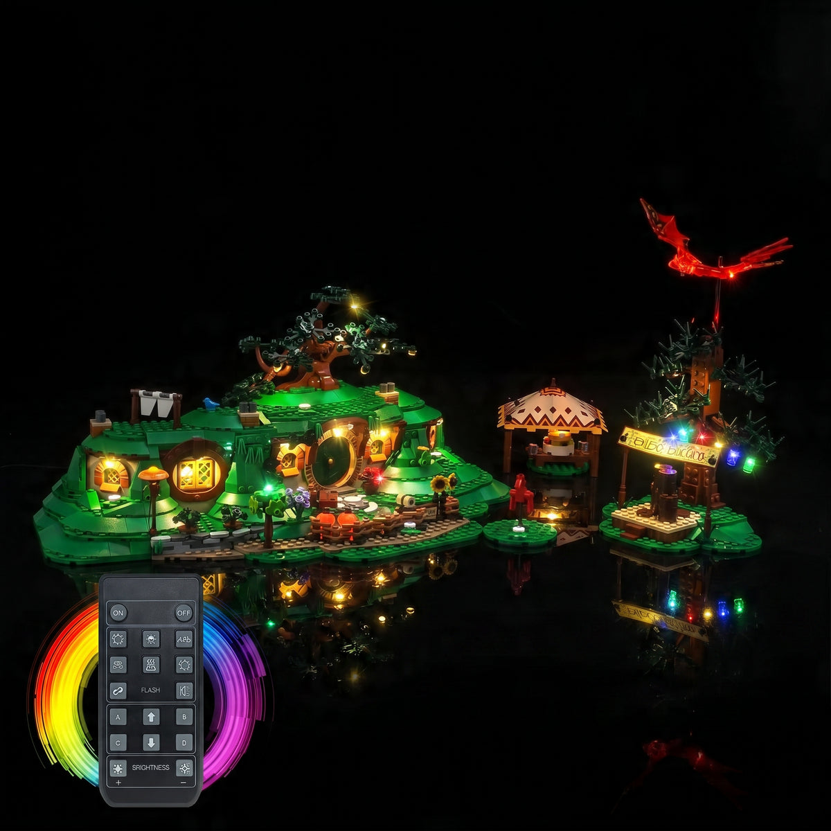 Bright My Bricks LED lighting kit for LEGO® Icons The Lord of the Rings: The Shire #10354 — fully illuminated on display