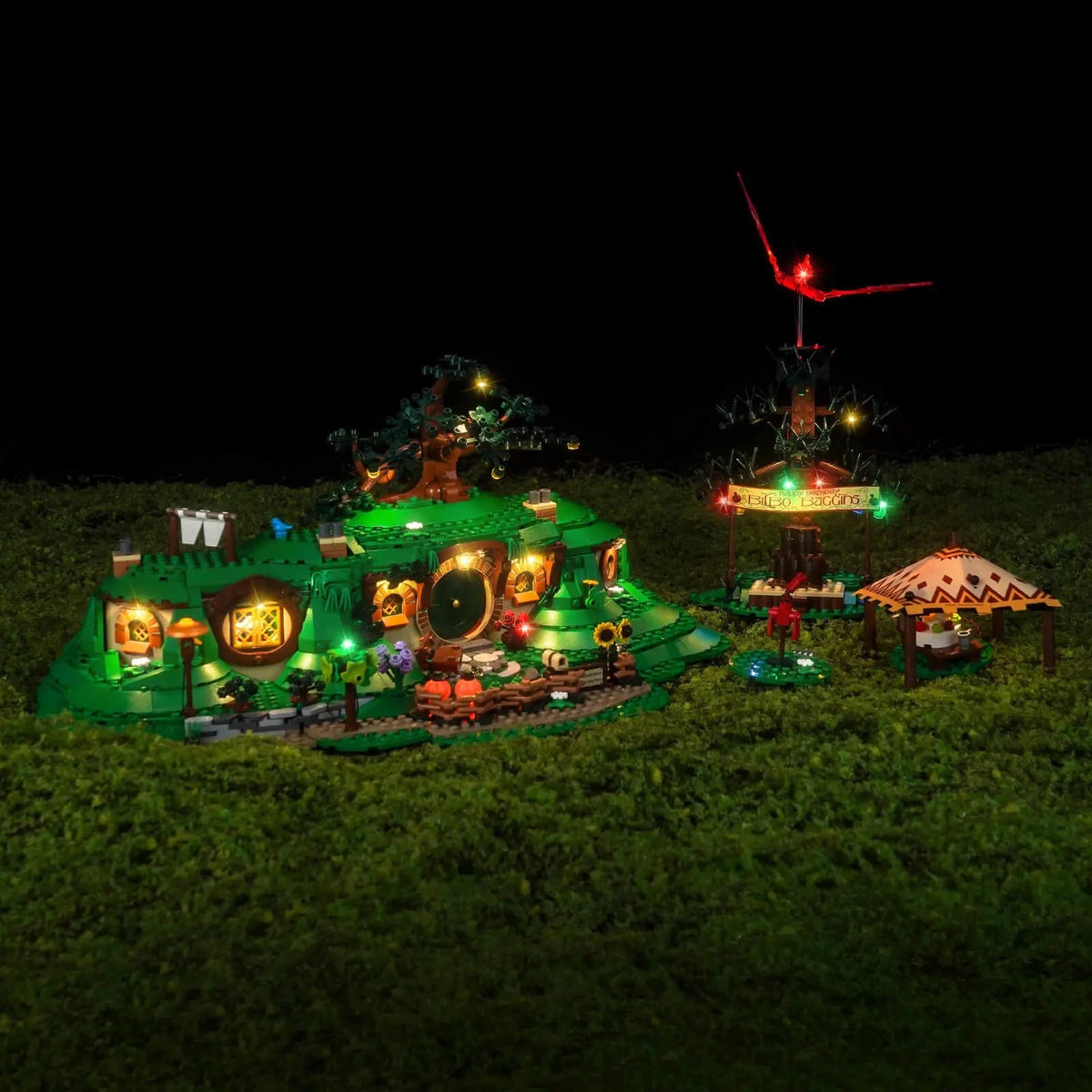 LED lighting kit for LEGO® Icons The Lord of the Rings: The Shire #10354, fully illuminated on display