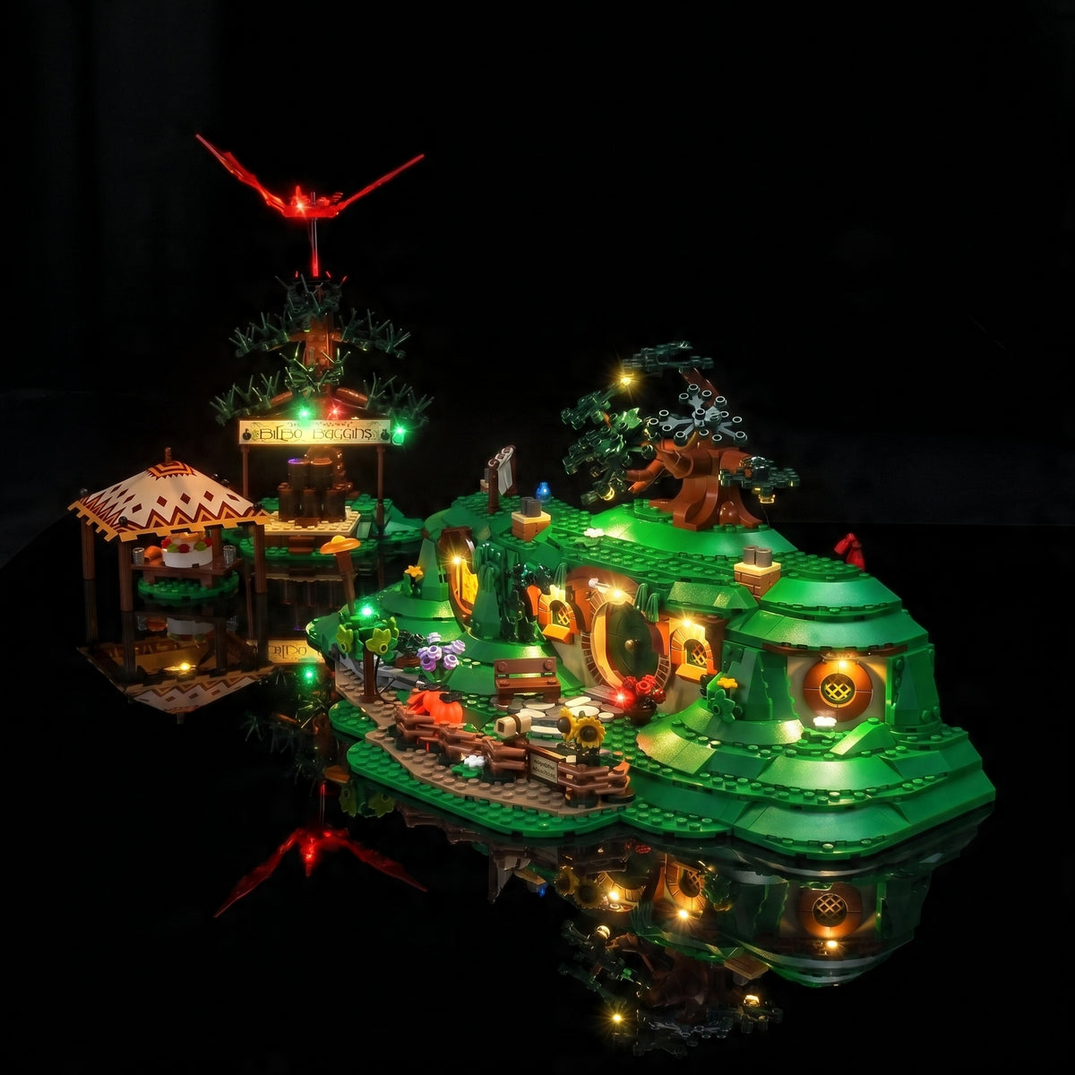 Bright My Bricks LED light kit for LEGO® Icons The Lord of the Rings: The Shire #10354 — side angle with lights on