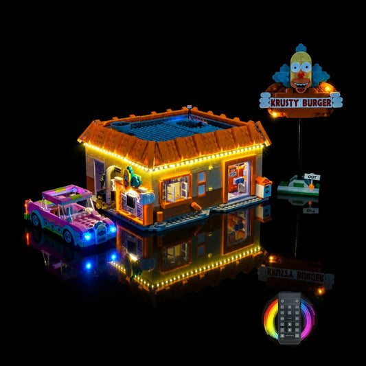 Bright My Bricks USB-powered LED light kit for LEGO® Icons The Simpsons: Krusty Burger #10352 — fully illuminated on display