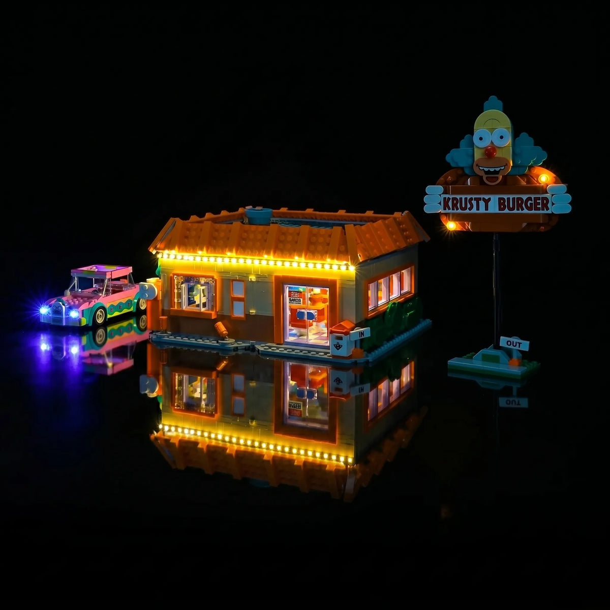 Bright My Bricks LED lighting kit for LEGO® Icons The Simpsons: Krusty Burger #10352 — side angle with lights on