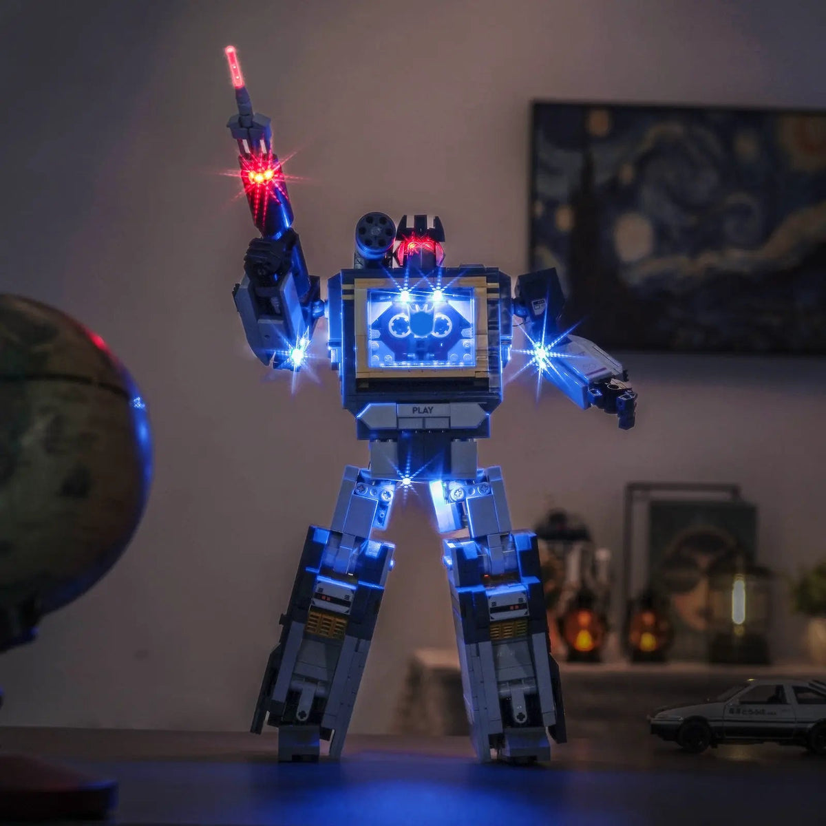 LEGO® Icons Transformers: Soundwave #10358 installed and glowing, with the DIY LED light kit