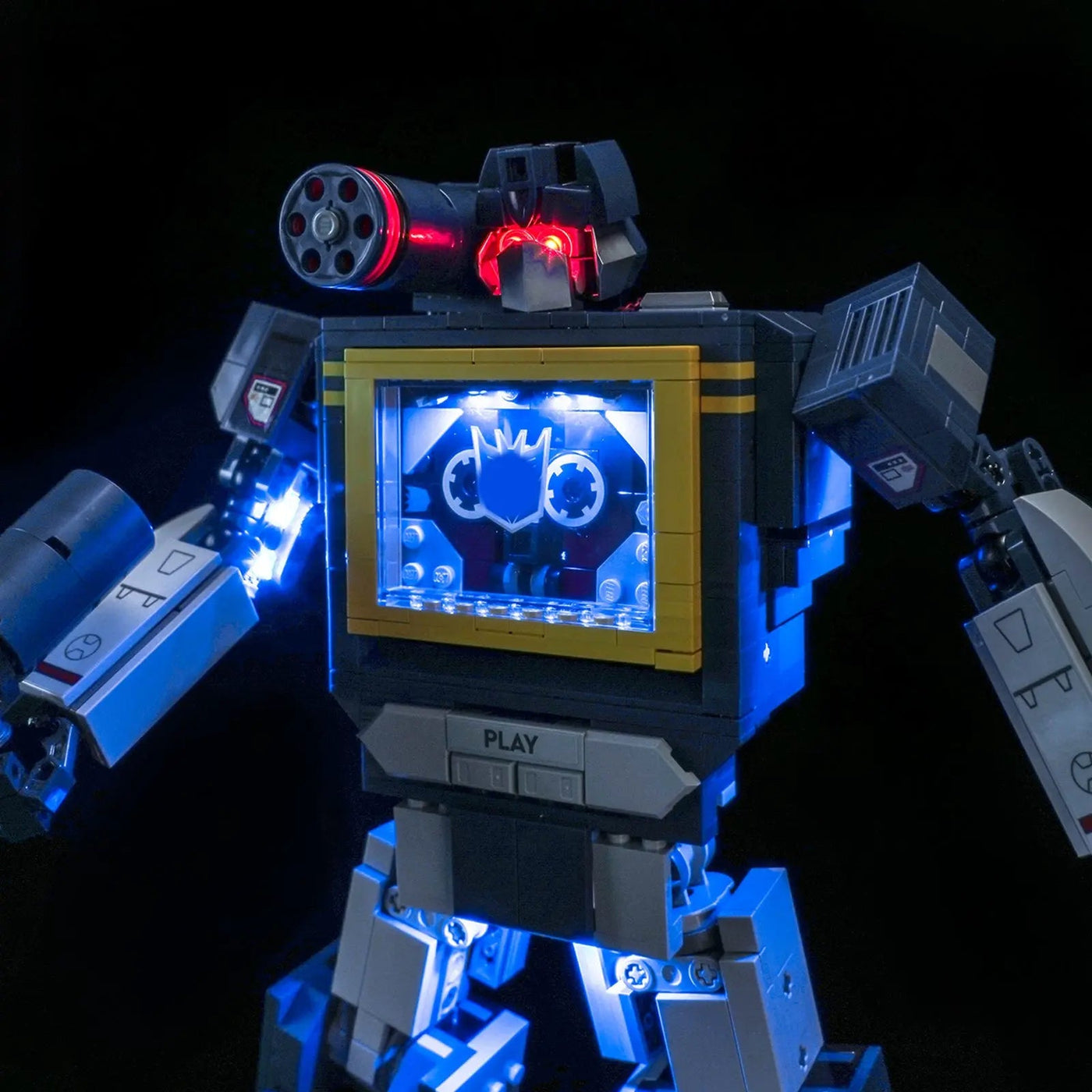 LEGO® Icons Transformers: Soundwave #10358 showcase lighting view, with the light kit
