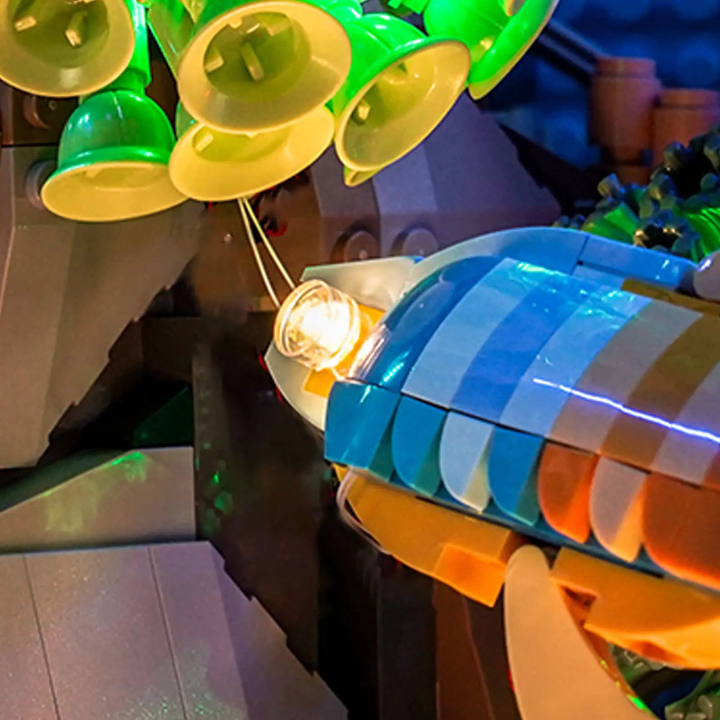 LEGO® Icons Tropical Aquarium #10366 installed and glowing, with the custom LED lighting