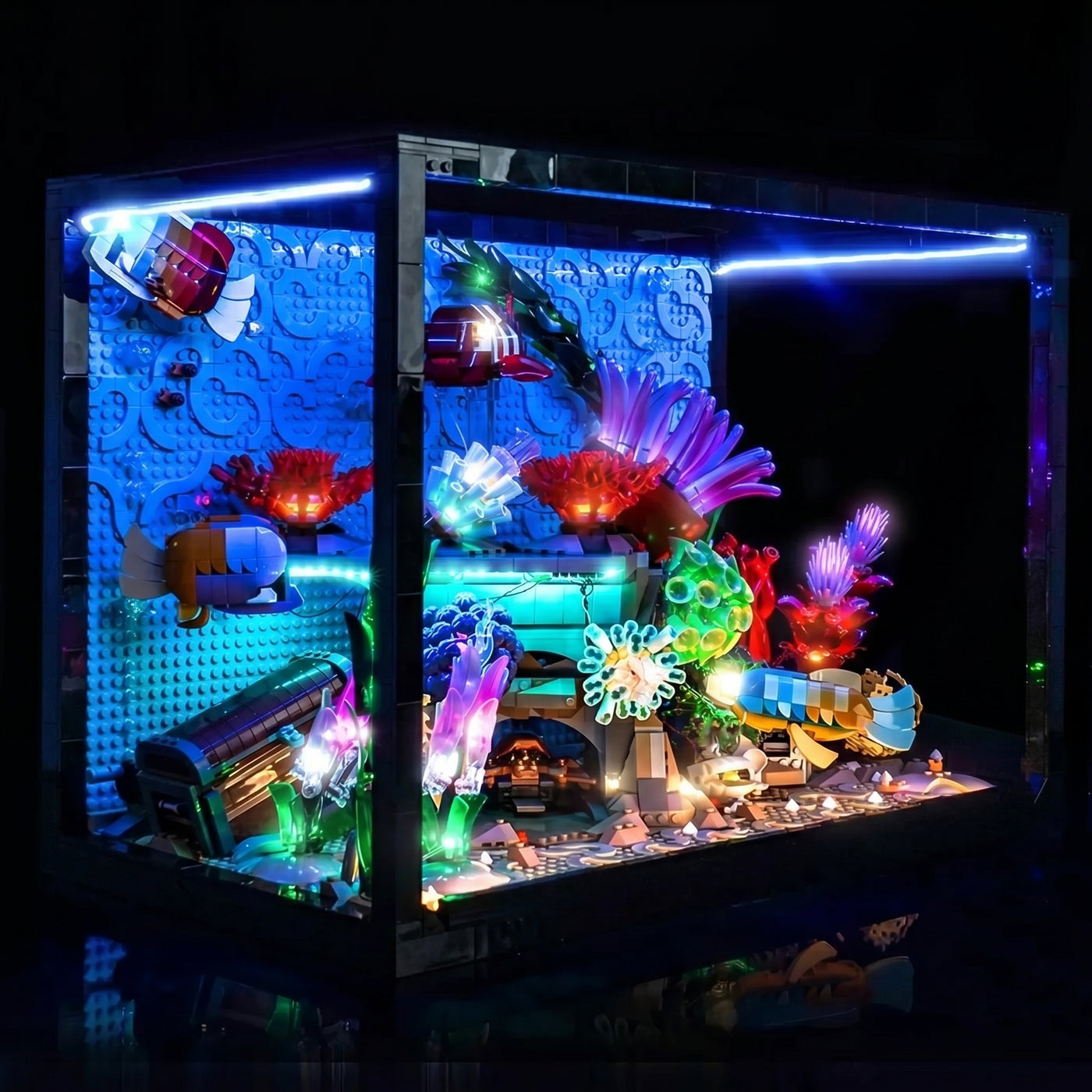 front view fully lit: Bright My Bricks DIY LED light kit for LEGO® Icons Tropical Aquarium #10366