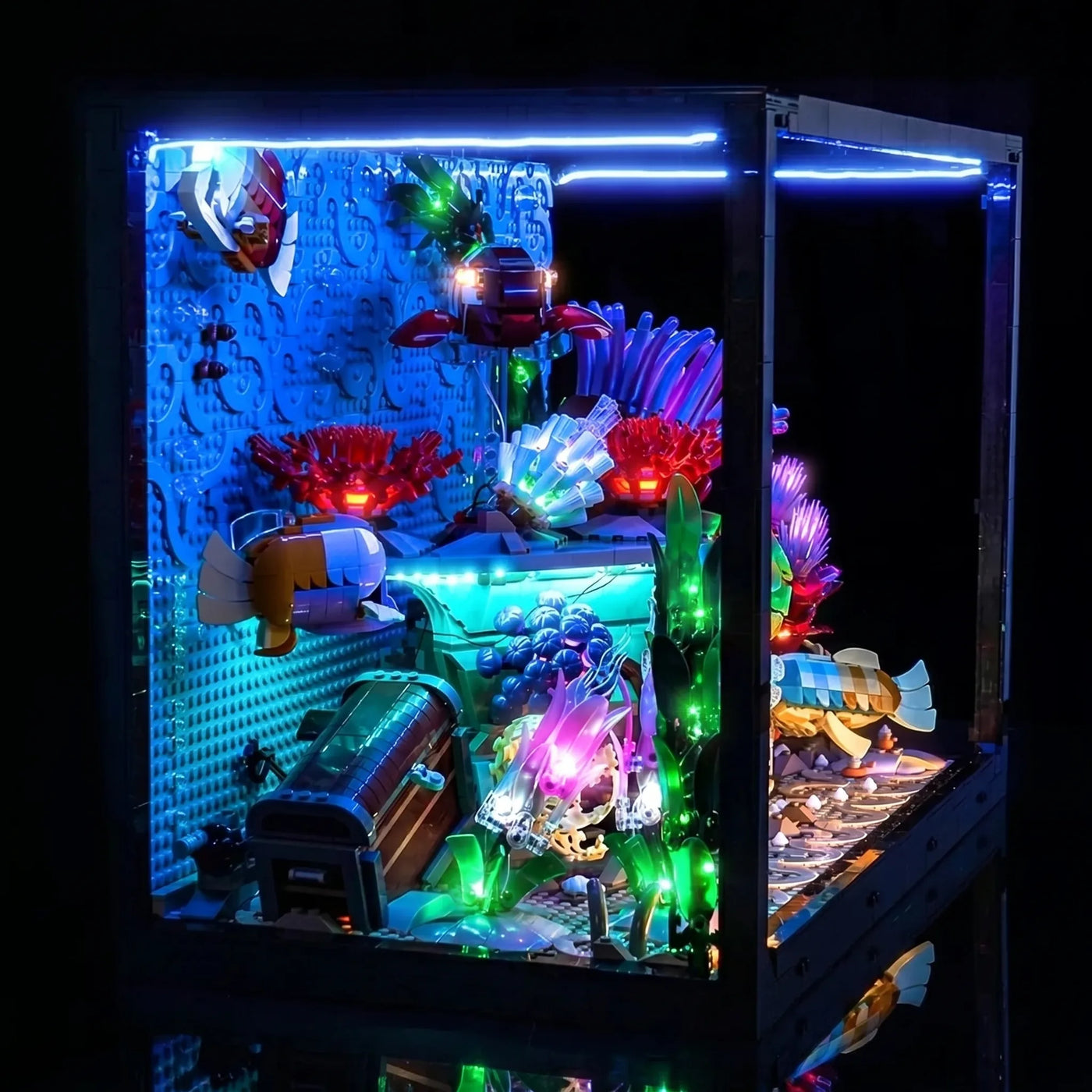 Bright My Bricks USB-powered LED light kit for LEGO® Icons Tropical Aquarium #10366 — front view fully lit