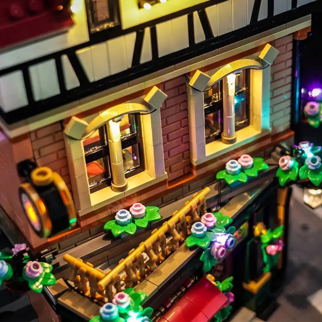 Close-up of LED lights on LEGO Icons Tudor Corner #10350