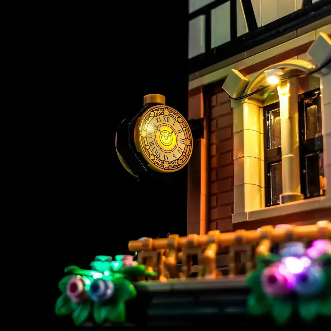 front view fully lit: Bright My Bricks light kit for LEGO® Icons Tudor Corner #10350