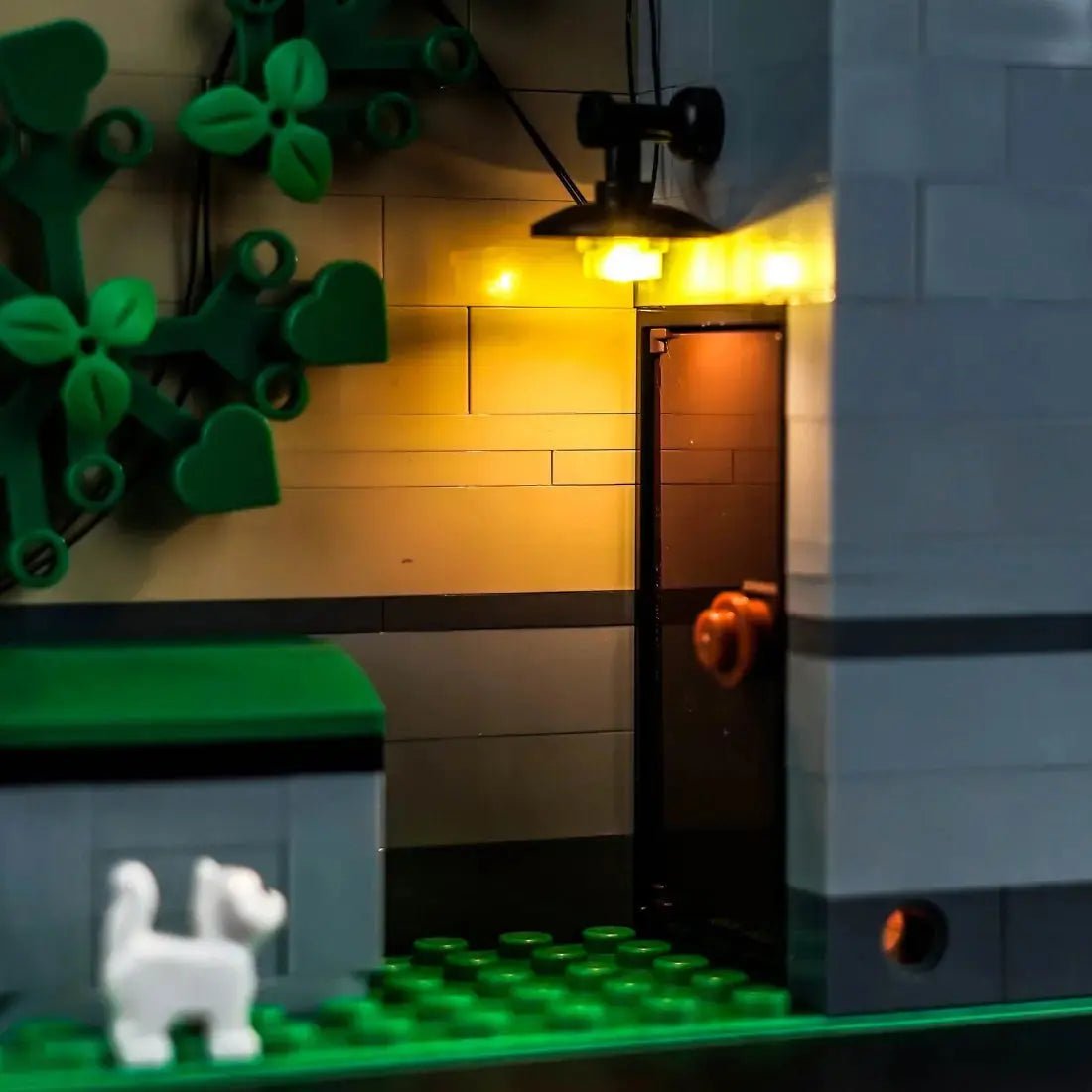 before-and-after lighting: Bright My Bricks premium LED light kit for LEGO® Icons Tudor Corner #10350