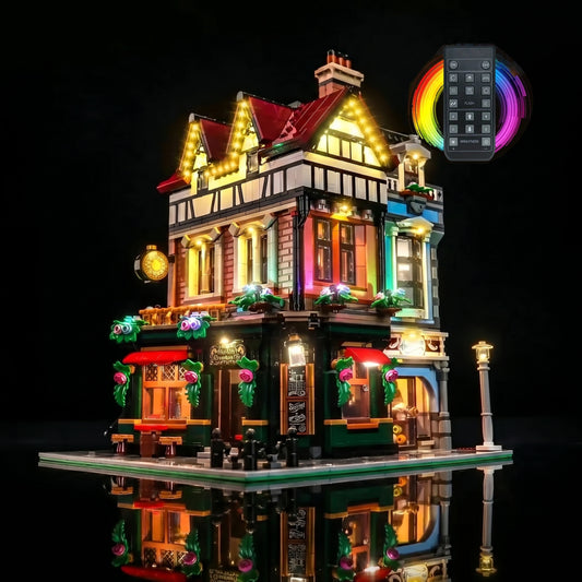 Bright My Bricks USB-powered LED light kit for LEGO® Icons Tudor Corner #10350 — fully illuminated on display