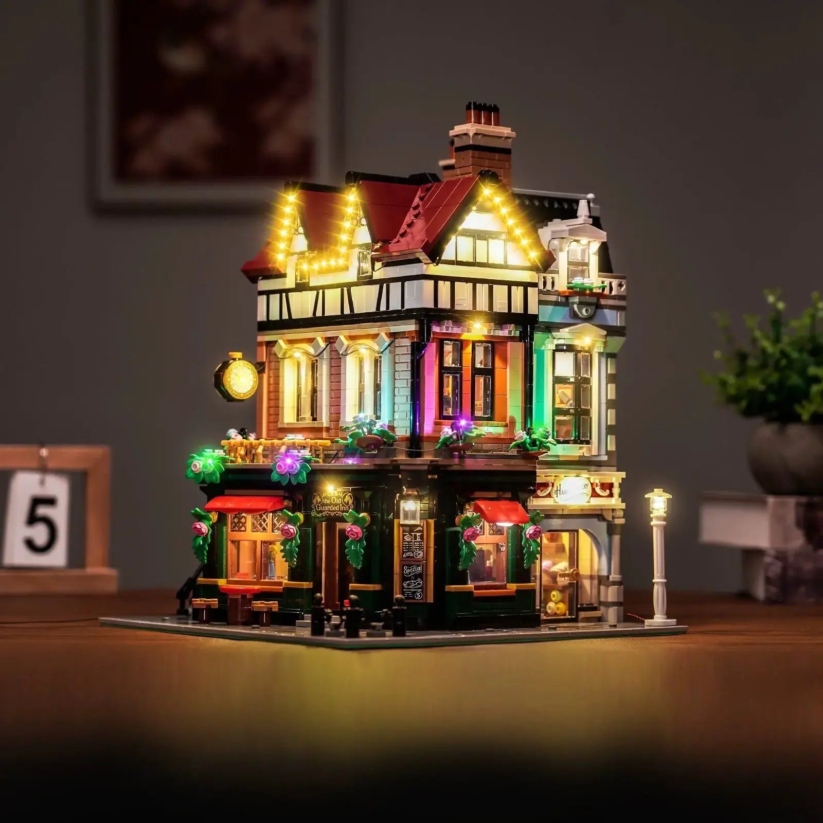 LEGO Icons Tudor Corner #10350 illuminated at night