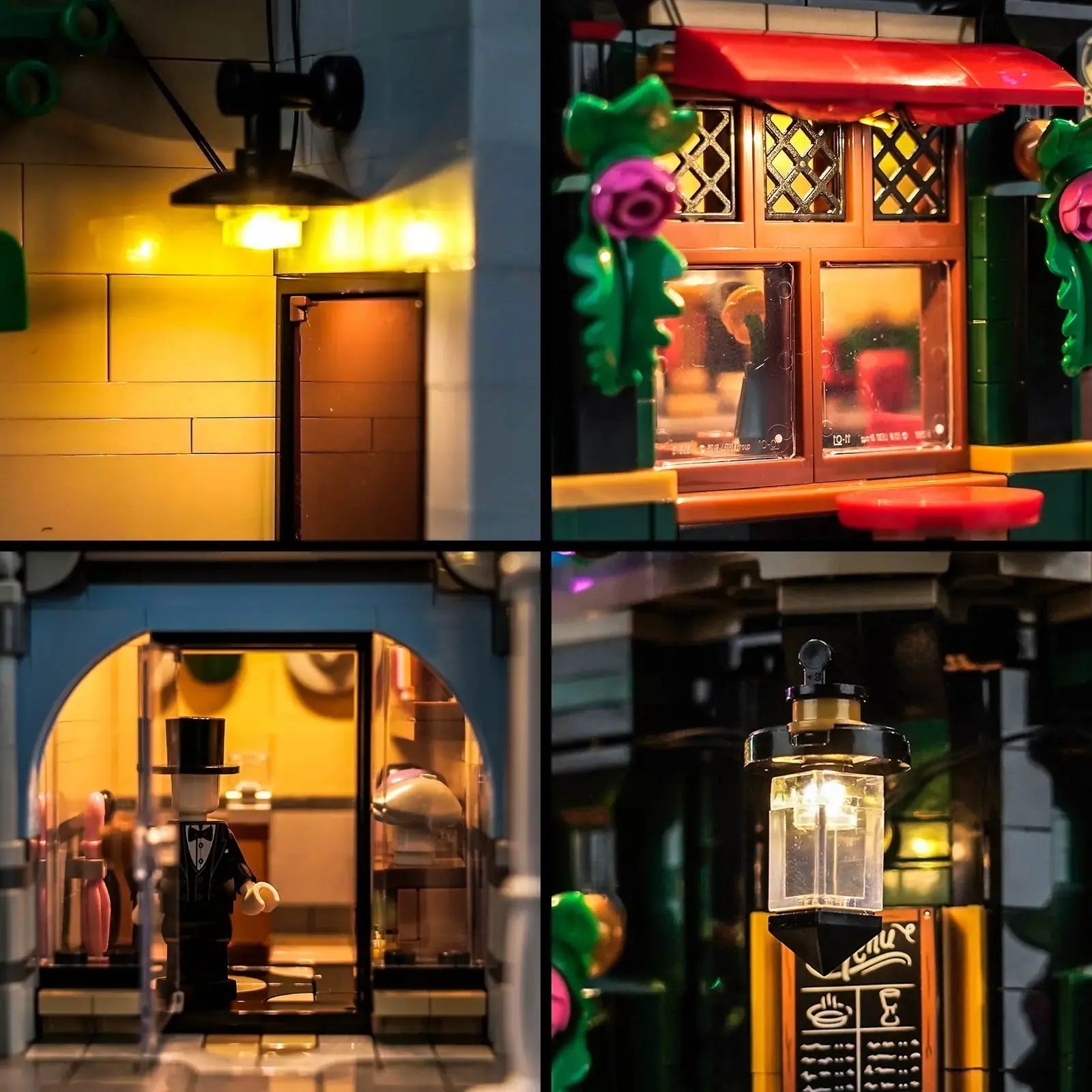 Close-up of LED lights on LEGO Icons Tudor Corner #10350