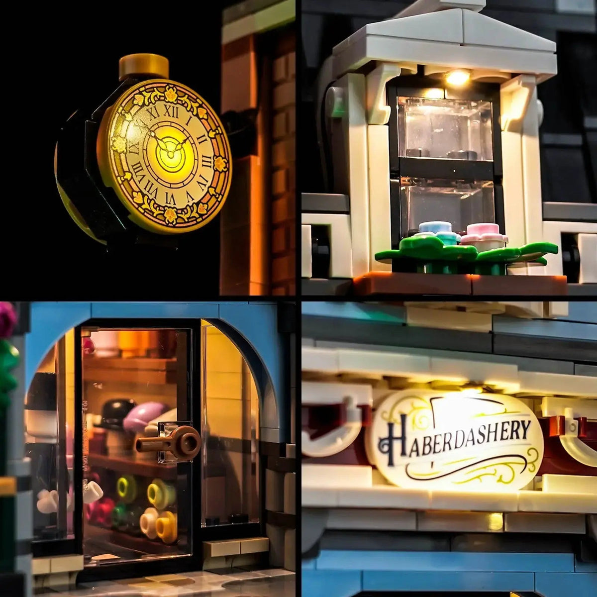 LEGO® Icons Tudor Corner #10350 installed and glowing, with the LED lights